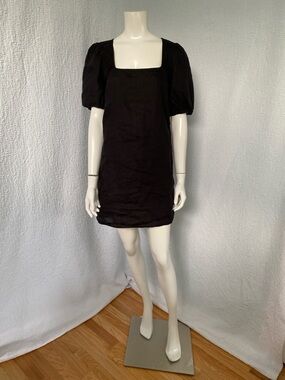 & Other Stories Black Square-Neck Puff Sleeve Linen Mini Dress